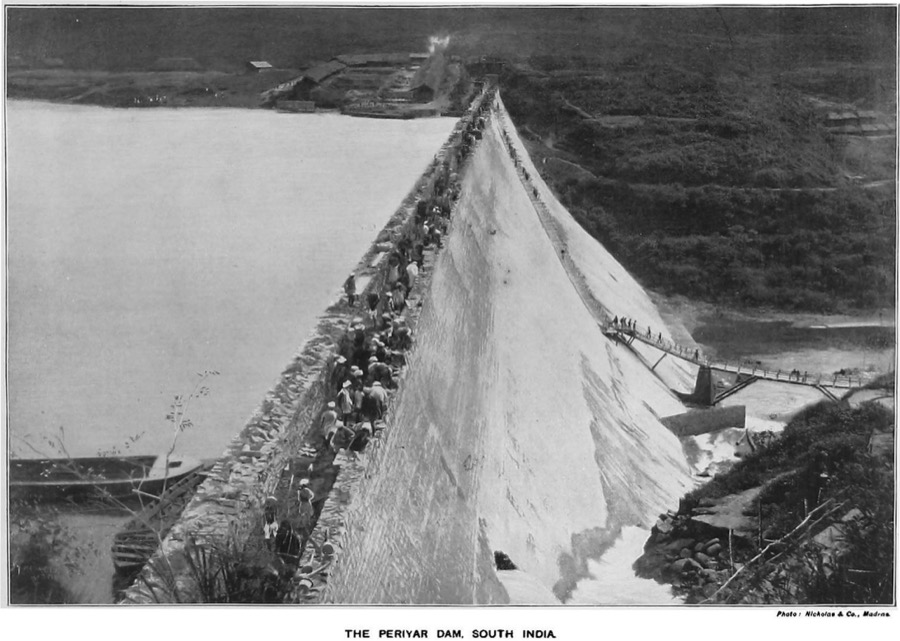 Historical photograph of the Mullaperiyar dam, circa 1899, shortly after completion