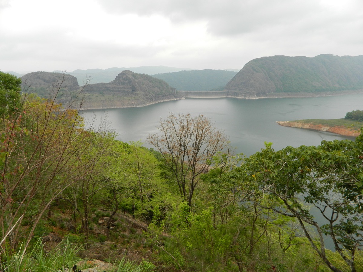 The Idukki reservoir, seen from above, showing the gap in the hills where the Idukki Arch Dam sits