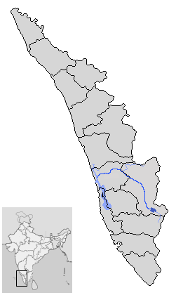 Map of Kerala showing the course of the Periyar river, highlighted in blue, running from the Western Ghats toward the Arabian Sea